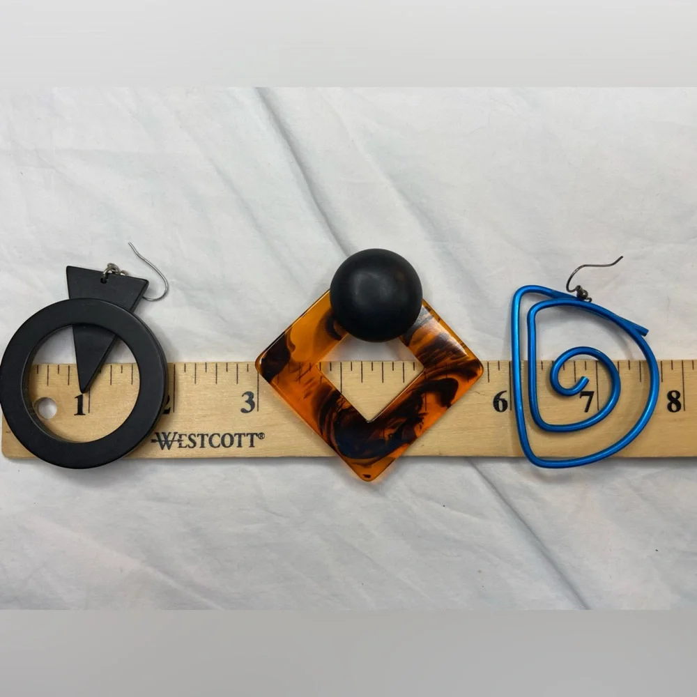 Earrings 3 pair of Vintage Geometric earrings wood metal plastic 80’s